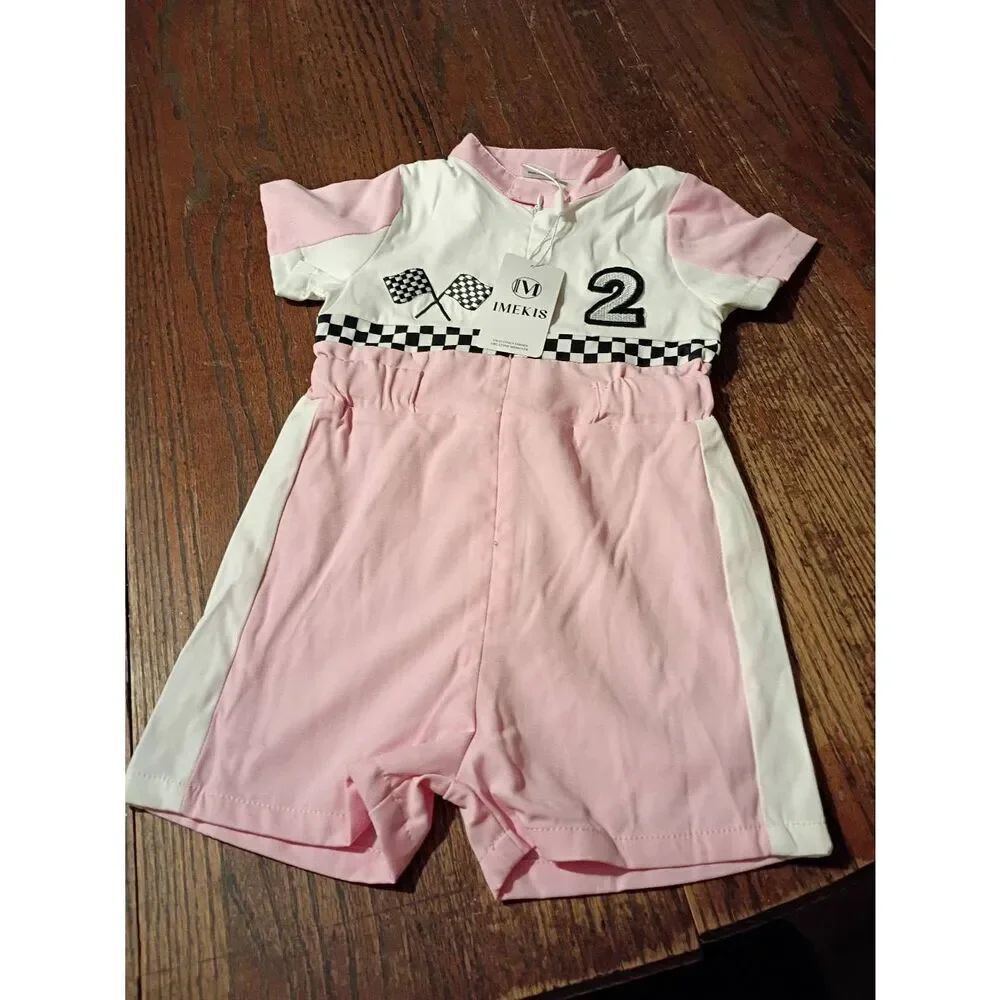 New Girls 18-24 Month Pink White Black Racing Checker Flag Romper 1 Piece Outfit